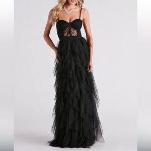 Windsor Black Ruffled Gown Maxi Dress NWT